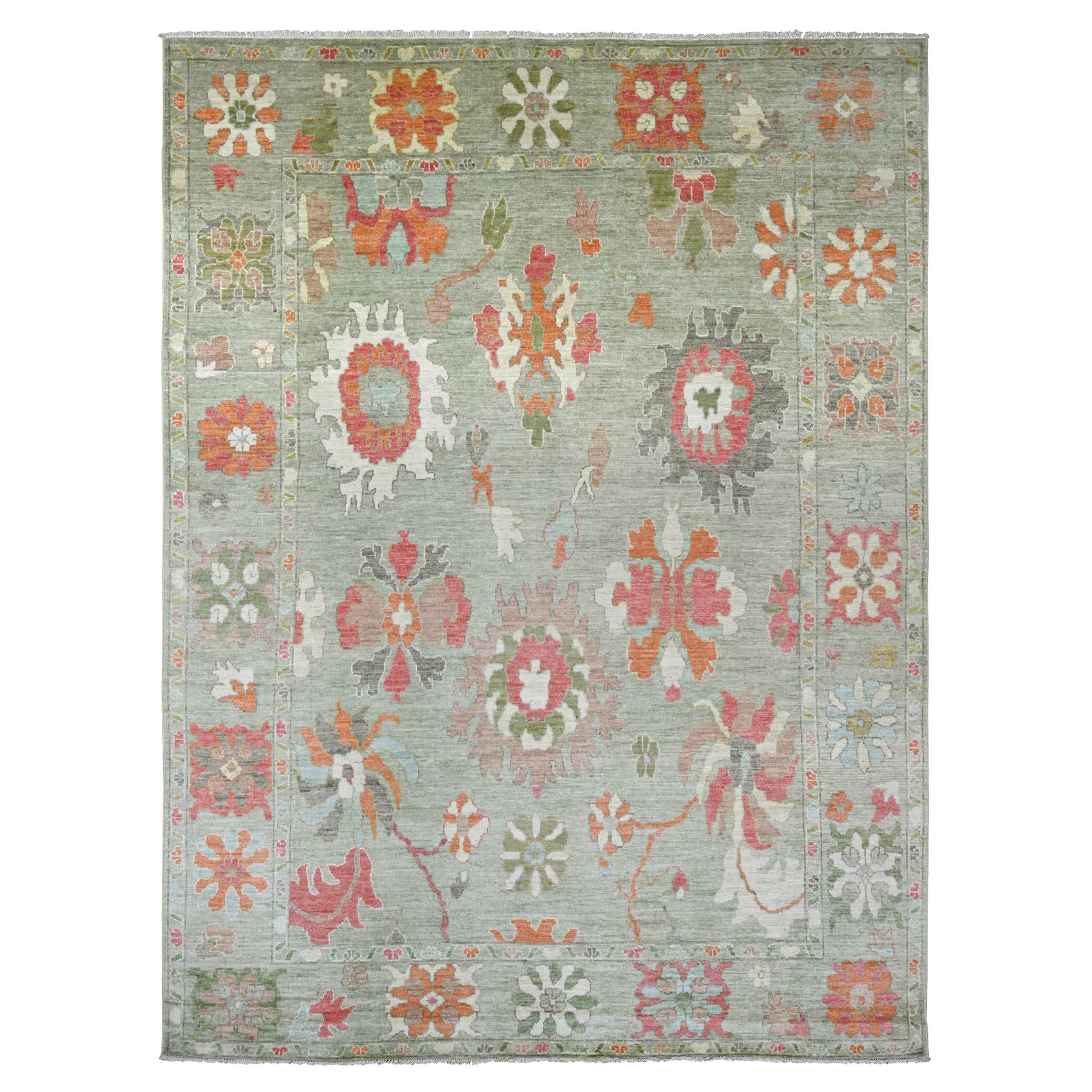 Pistachio Green, Hand Knotted, Afghan Angora Oushak with Colorful Leaf Design, 100% Wool, Vegetable Dyes, Oriental Rug